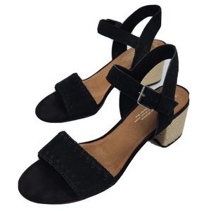 Toms Sandal Black Suede 2.75" Block Heel Woven Jute Women's 10 Shoe Buckle Ankle